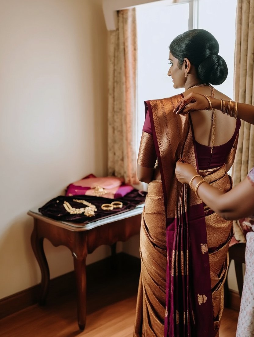 A bride being dressed in her saree on the morning of her wedding