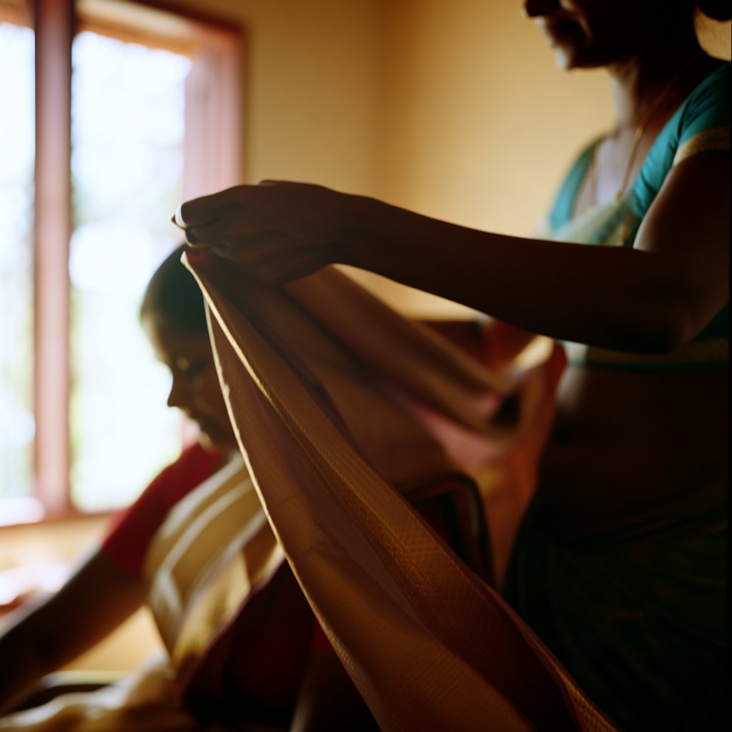 A saree being draped, the pallu lifted over the shoulder
